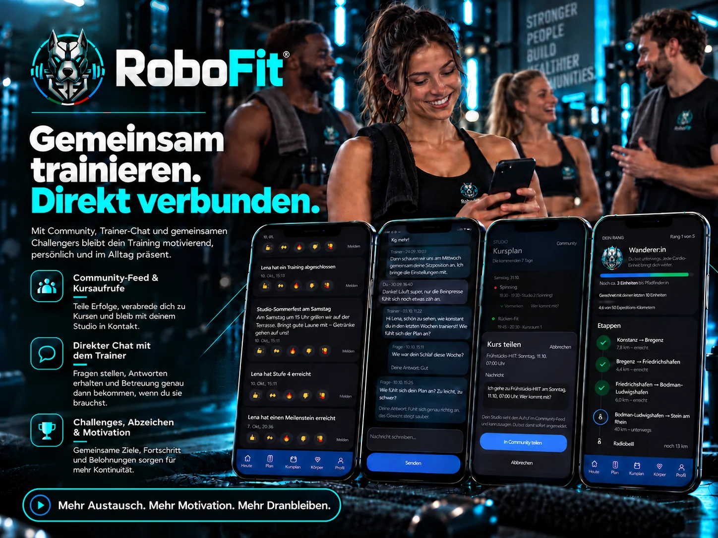 RoboFit Community-Feed, Chat, Kursplan und Challenges auf Smartphones