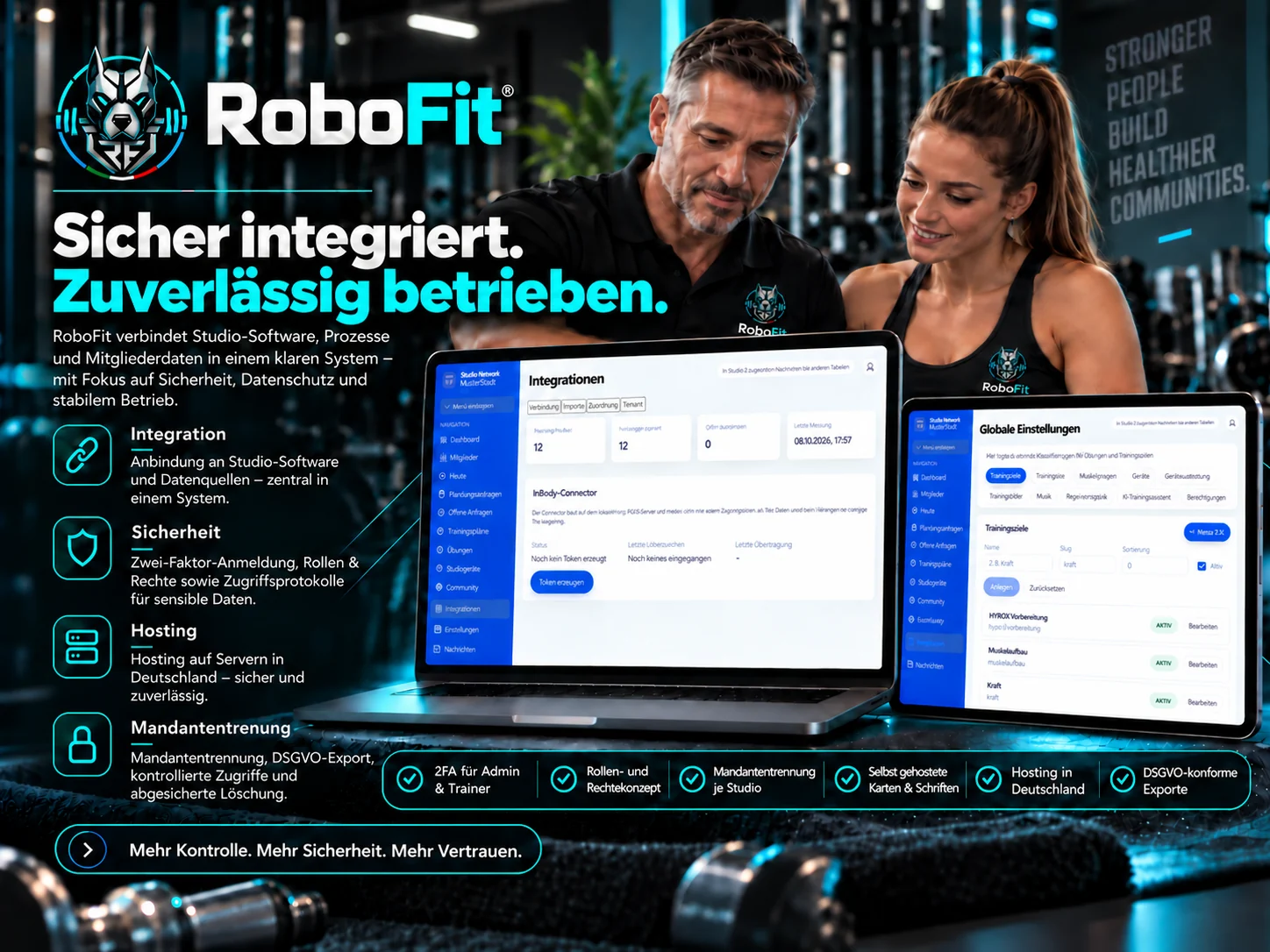 RoboFit Studio-Integration, Sicherheit, Hosting und Mandantentrennung